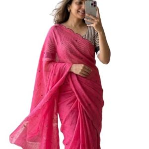 linen cotton saree with black mirror work