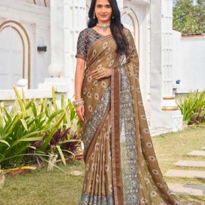 Brown Silk Blend Geometric Saree